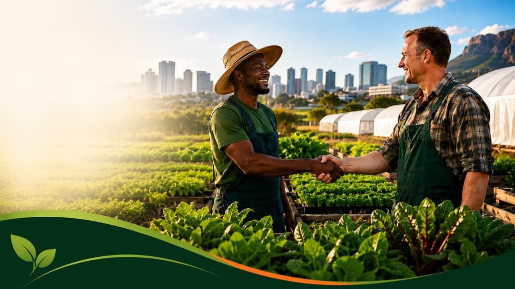 Two urban farmers shaking hands in a rooftop garden overlooking the city