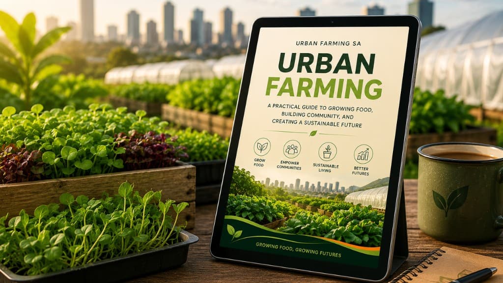 Urban farming e-book on a tablet surrounded by fresh microgreens