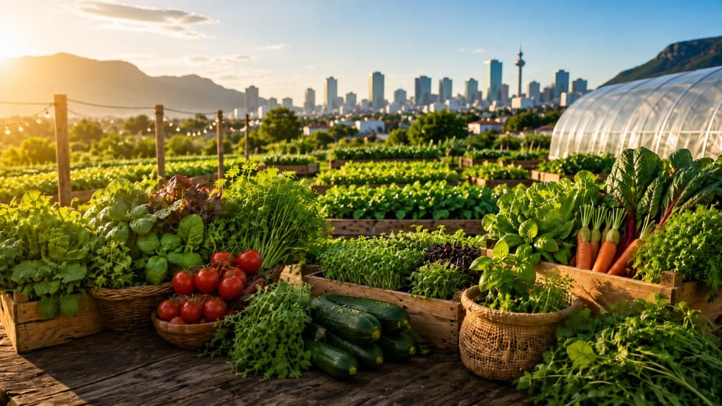 Fresh harvest from an urban farm with the city skyline beyond