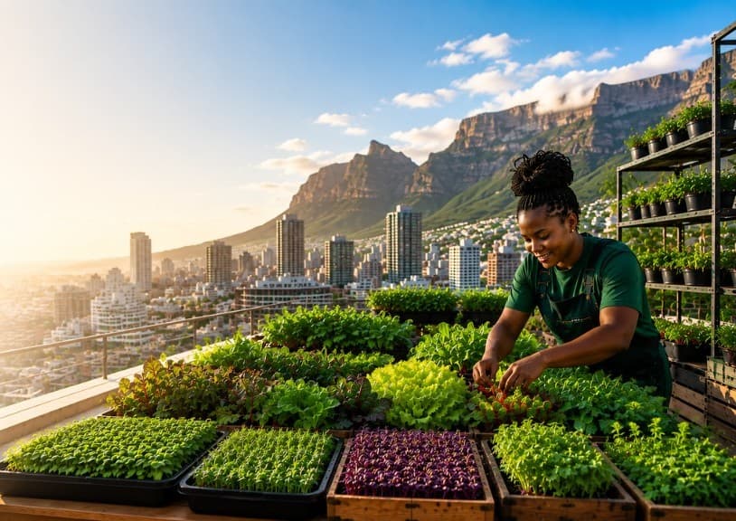 Urban farmer tending fresh produce with Table Mountain in the background